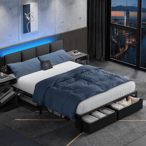Tydimor Queen Upholstered Sturdy Metal Bed Frame with LED Lights, 2 Storage Drawers & Charging Station
