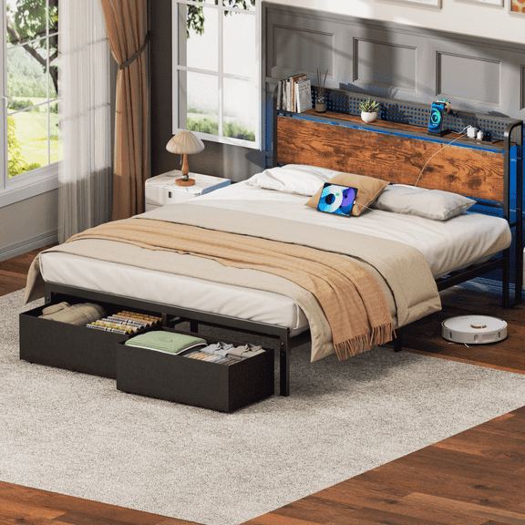 Tydimor Queen Bed Frame with 2 Drawers & Storage Headboard, Platform Metal Bed with Charging Station, No Box Spring Needed