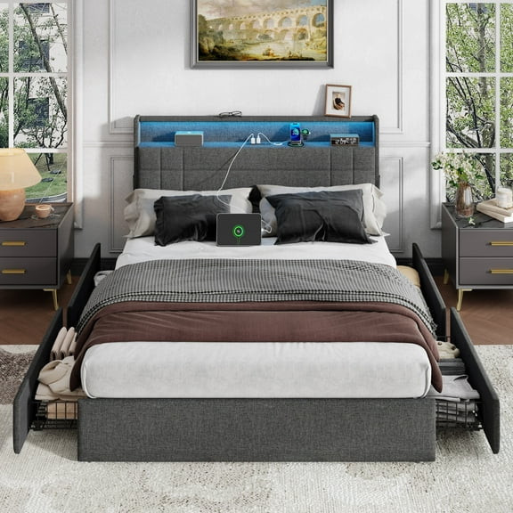 Tydimor Queen Bed Frame with Charging Station, Queen Upholstered Rivet Storage Headboard Platform Beds, Noise-Free, Easy Assembly, Dark Grey