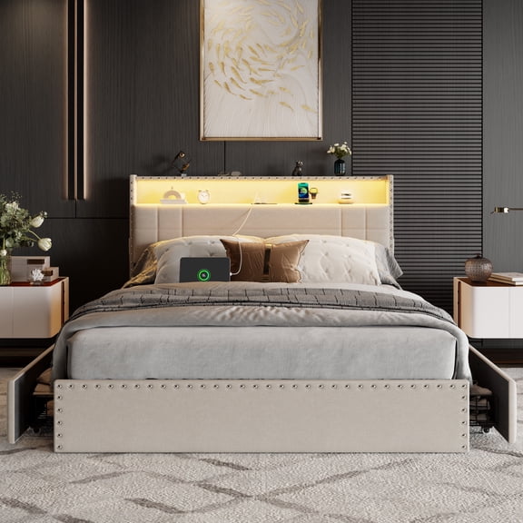 Tydimor Queen Bed Frame with Charging Station & Storage Drawers, Queen Upholstered Rivet Storage Headboard Platform Beds, Noise-Free, Beige