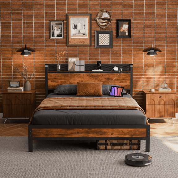 Tydimor Queen RGB LED Strip Platforrm Bed Frames with Headboard Metal, Storage Shelves & Underbed, Niose Free, No Box Spring Needed