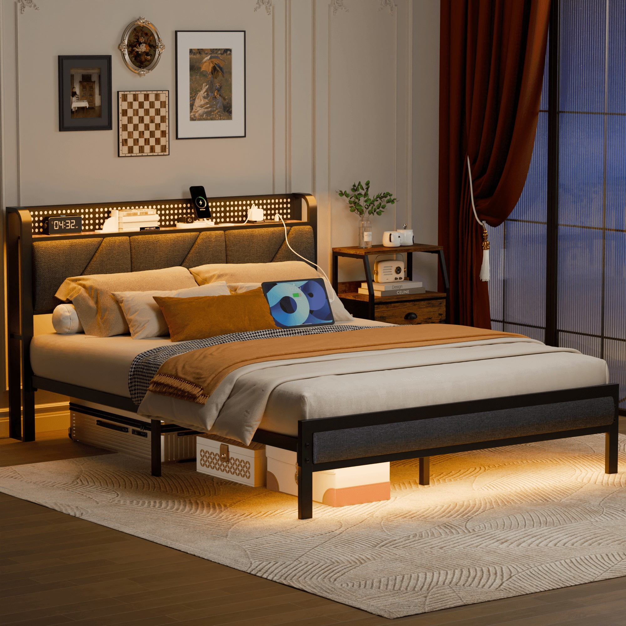 Tydimor Queen Size Metal Smart Bed Frames with Upholstered Headboard, LED Lights, USB Ports and Outlets, Storage Shelves & Underbed