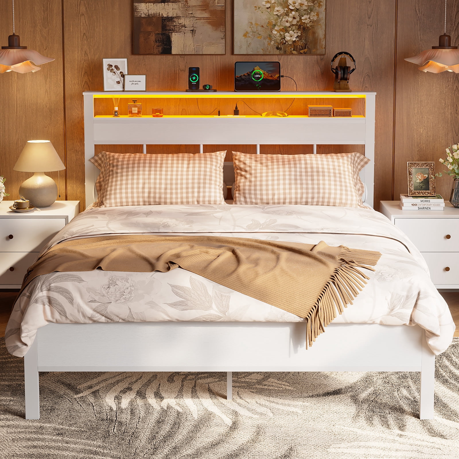 Tydimor Queen Bed Frames with Wood Headboard & 2-Tier Storage Shelves, Queen Size Platform Bed with Charging Station and LED Lights, No Box Spring Needed, White