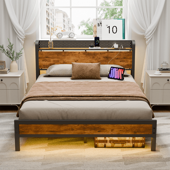 Tydimor Queen Full Platforrm Bed Frames with Headboard Metal, Storage Shelves & Underbed, Niose Free, No Box Spring Needed