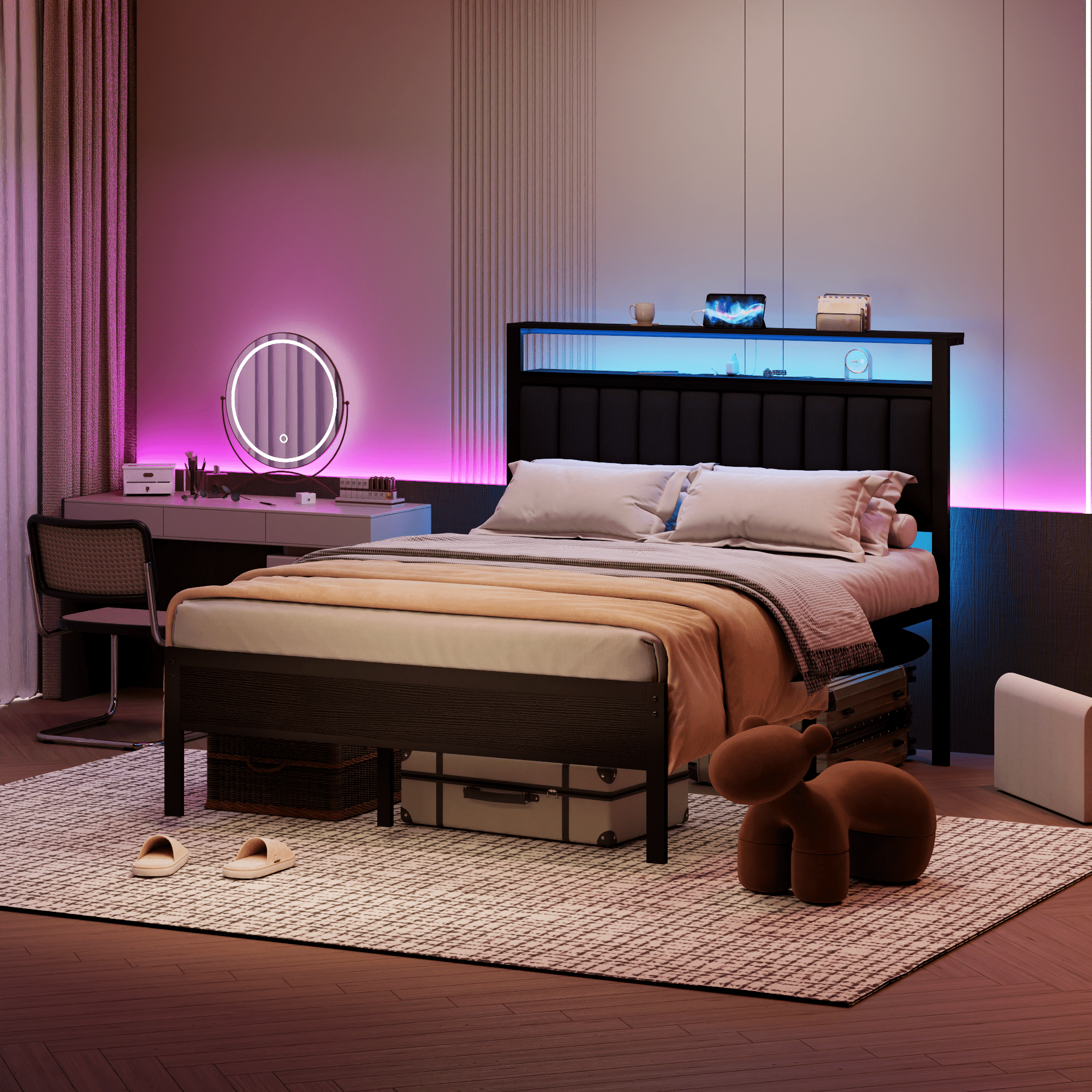 Tydimor Upholstered Underbed Storage Bed Frames with Charging Station，LED Queen Size Bed Frame with Storage Shelves, Niose Free