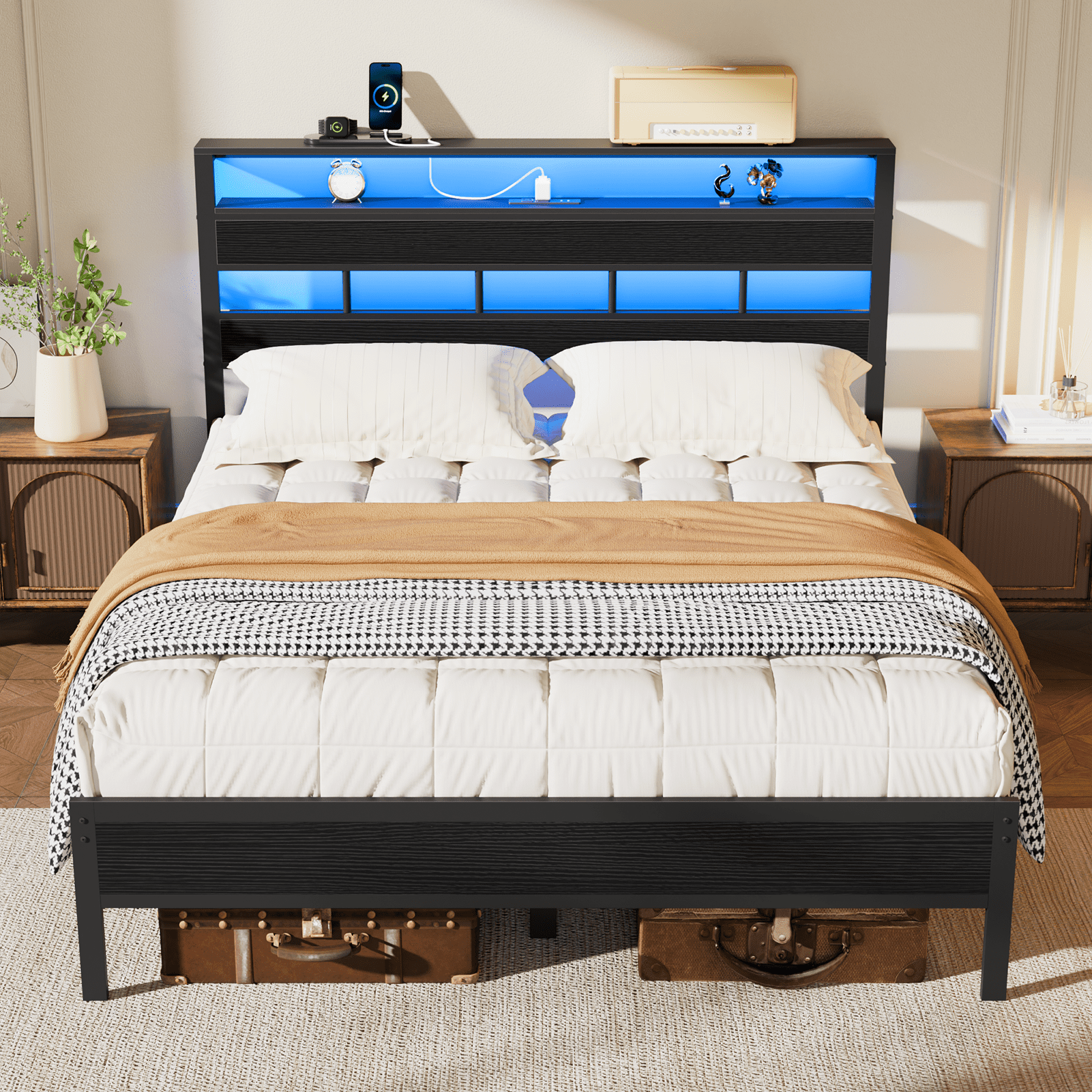 Tydimor LED Lighting Bed Frames Queen with Headboard Storage Shelves ...