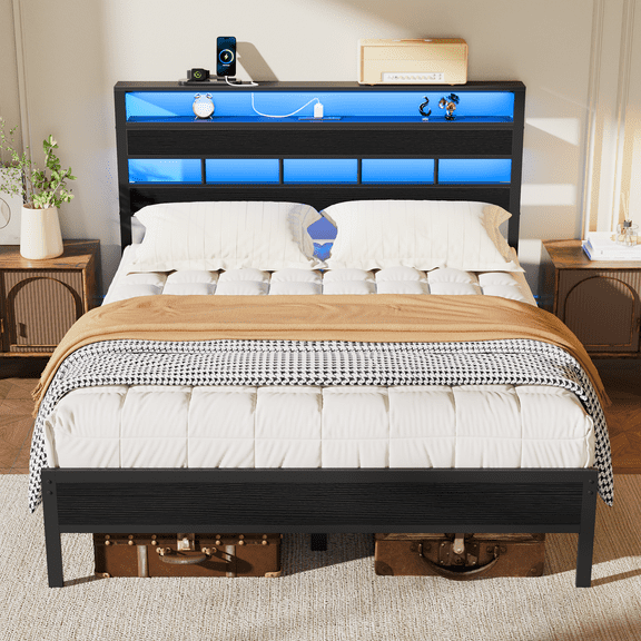 Tydimor LED Lighting Bed Frames Queen with Headboard Storage Shelves, USB Ports Queen Size Platform Bed Frame Steel Slats Support