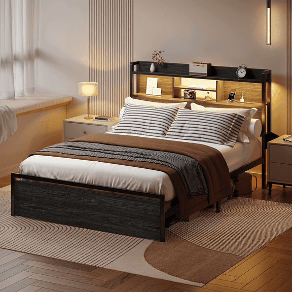 Tydimor Queen Bed Frame with Charging Station, 2 Storage Drawers, LED Lights, Sturdy Metal Construction,Black