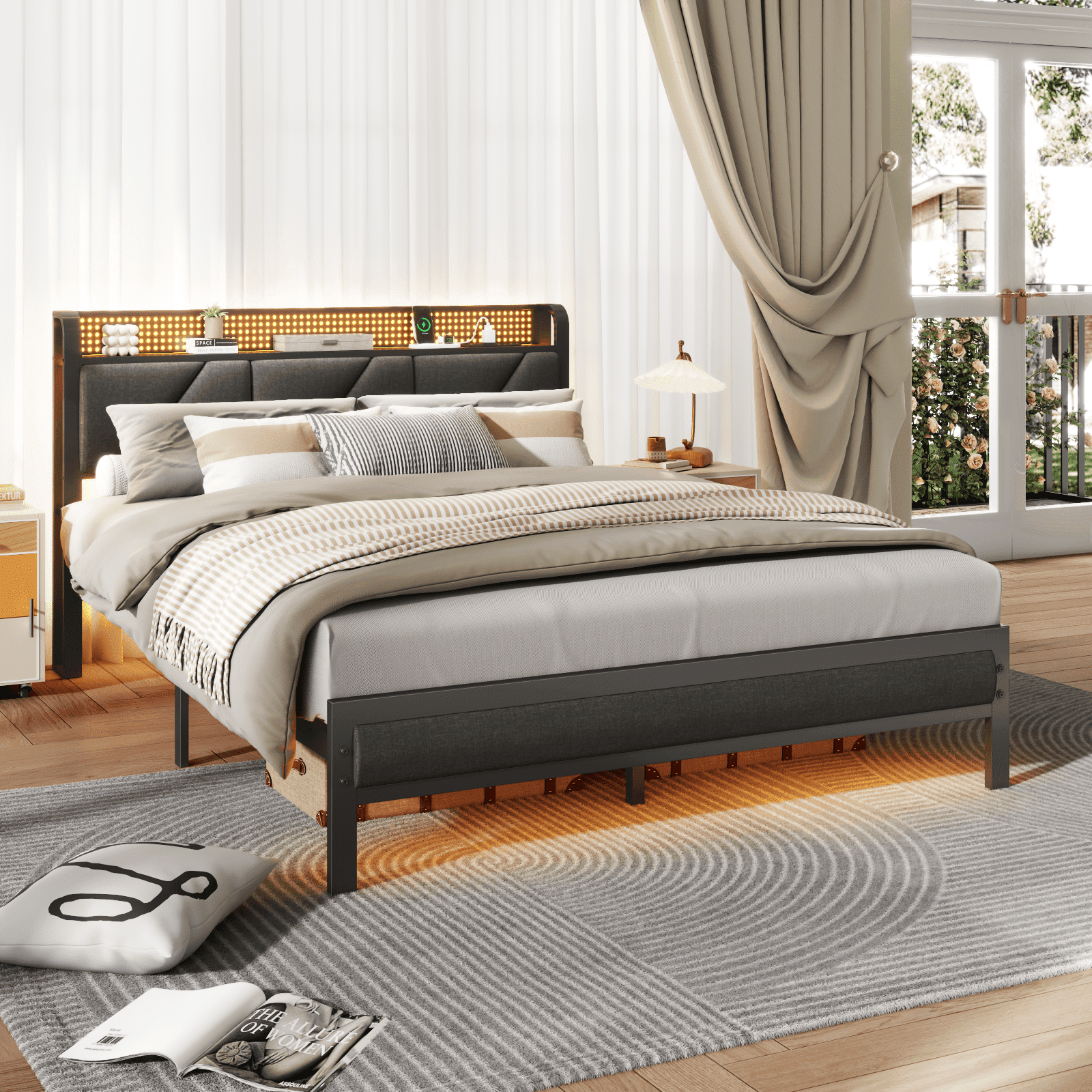 Tydimor Queen Size Metal Smart Bed Frames with Upholstered Headboard, LED Lights, USB Ports and Outlets & Underbed, Rustic Brown