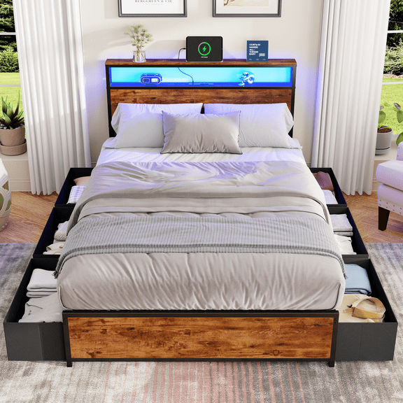 Tydimor Rustic Brown Full Bed Frame with 6 Storage Drawers, Metal Platform Bed Frame with 2-Tier Storage Headboard & Built in Charging Station, Noise-Free, No Box Spring Needed