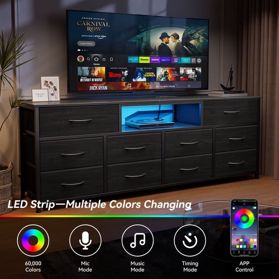 Tydimor TV Cabinet Stands for TVs up to 75", Entertainment Center with Outlet & LED, Media Console Table with 10 Drawers for Living Room, Black