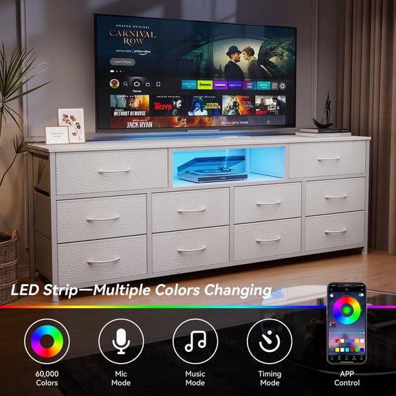 Tydimor TV Cabinet Stands for TVs up to 75", Entertainment Center with Outlet & LED, Media Console Table with 10 Drawers for Living Room, White