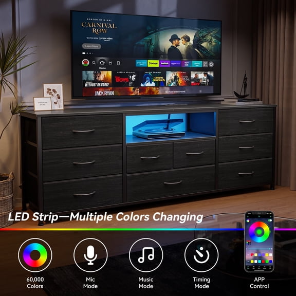 Tydimor TV Cabinet Stands for TVs up to 75", Entertainment Center with Outlet & LED, Media Console Table with 9 Drawers for Living Room, Black