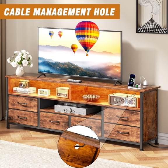 Tydimor TV Stand for TVs up to 63 Inch, Rustic Entertainment Center with 6 Fabric Drawers & 3 Open Shelves, LED Media Console with Charging Station, Adjustable Feet (Rustic Brown)