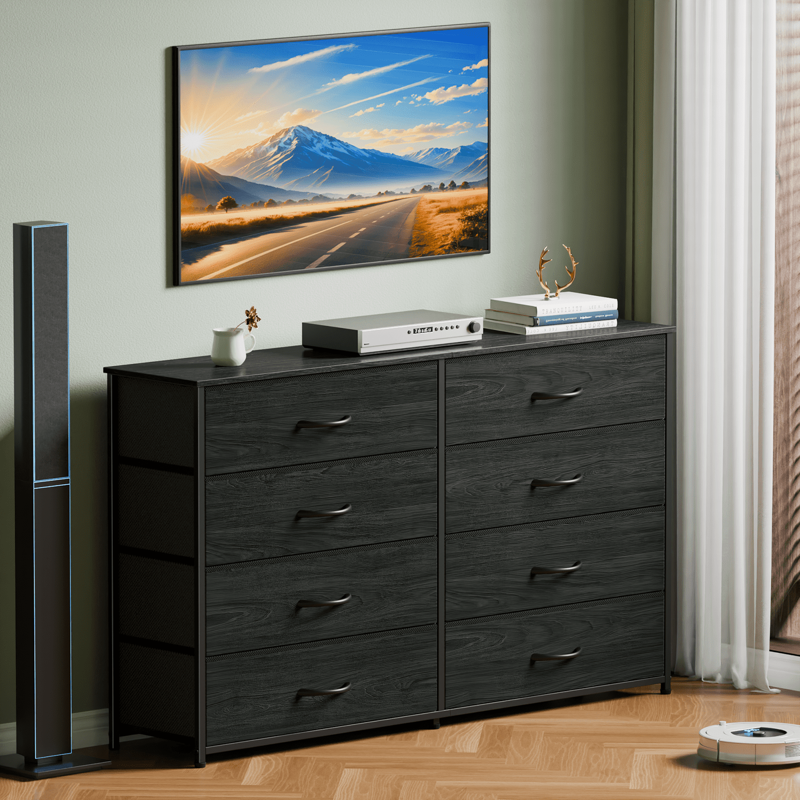 black stand up dresser Tydimor Black 8 Fabric Drawers Dressers for Bedroom Wide Dresser TV Stand  for 55