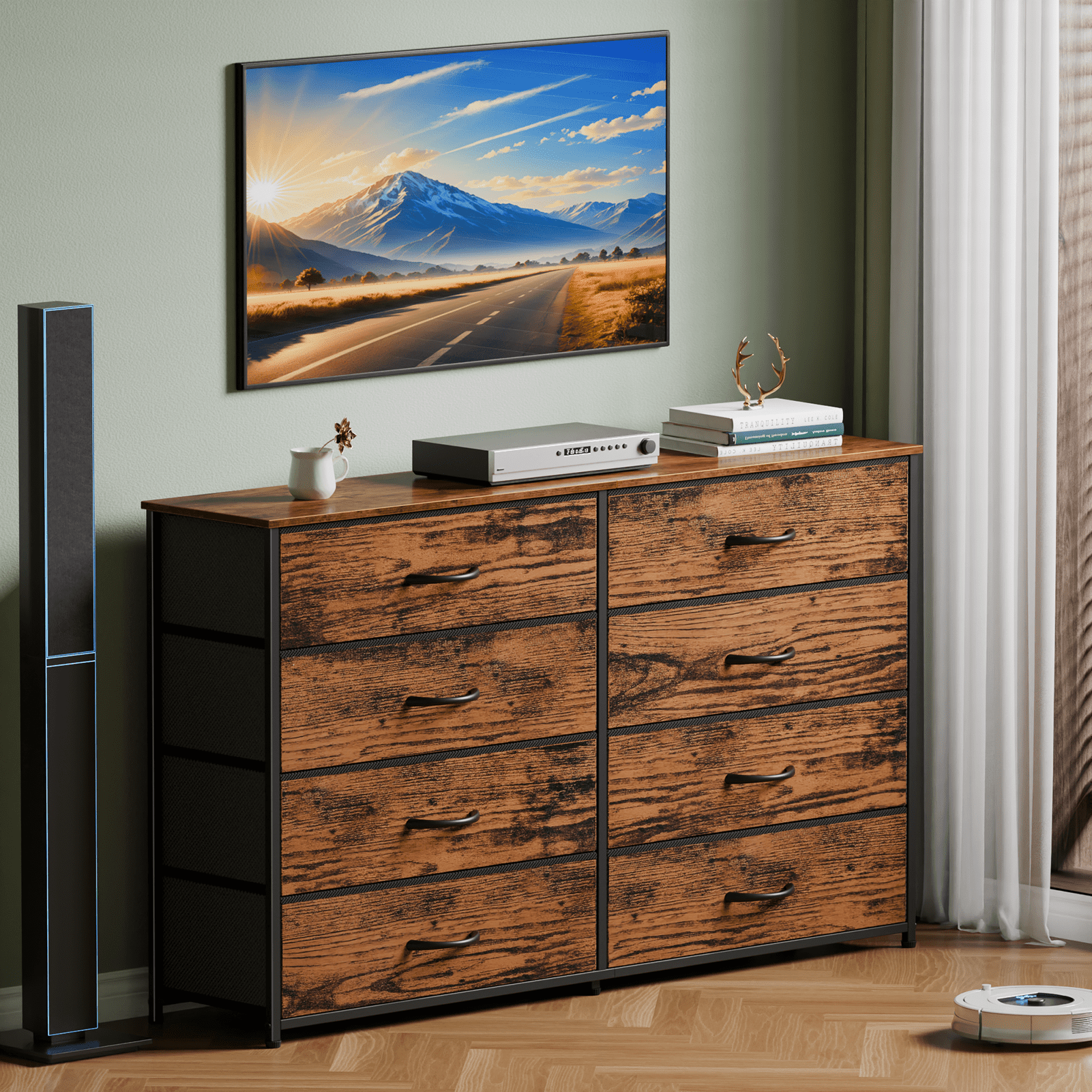 Tydimor 8 Fabric Drawers Dressers for Bedroom Wide Dresser TV Stand for 55" TVs, Chest of Drawers,Rustic Brown