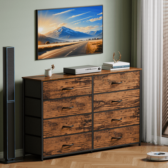Tydimor 8 Fabric Drawers Dressers for Bedroom Wide Dresser TV Stand for 55" TVs, Chest of Drawers,Rustic Brown