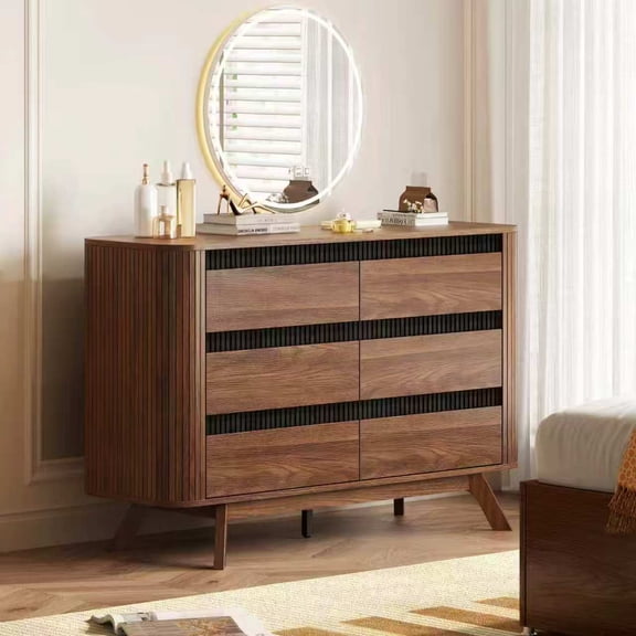 Tydimor 6 Drawer Dresser, Mid Century Modern Wooden Chest of Drawers, TV Stand for Up to 50 Inch TV, Wide Bedroom Storage Cabinet, American Walnut