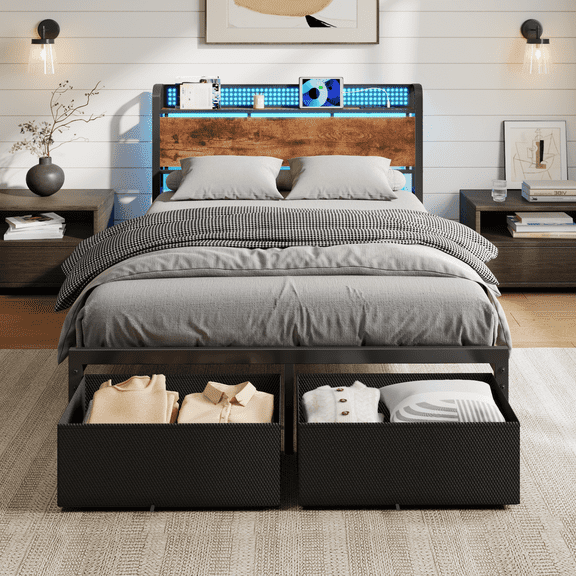 Tydimor Twin Bed Frame with 2 Drawers & Storage Headboard, Platform Metal Bed with Charging Station, No Box Spring Needed