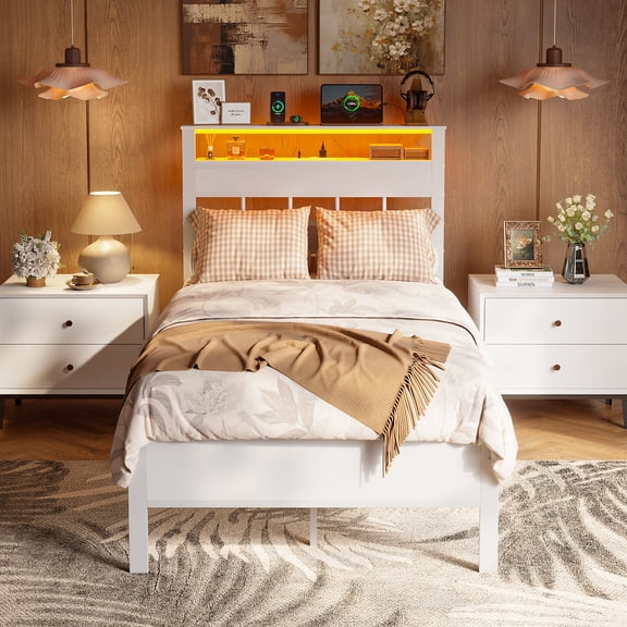 Tydimor Twin Bed Frames with Wood Headboard & 2-Tier Storage Shelves, Twin Size Platform Bed with Charging Station and LED Lights, No Box Spring Needed, White