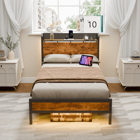 Tydimor Twin Full Platforrm Bed Frames with Headboard Metal, Storage Shelves & Underbed, Niose Free, No Box Spring Needed