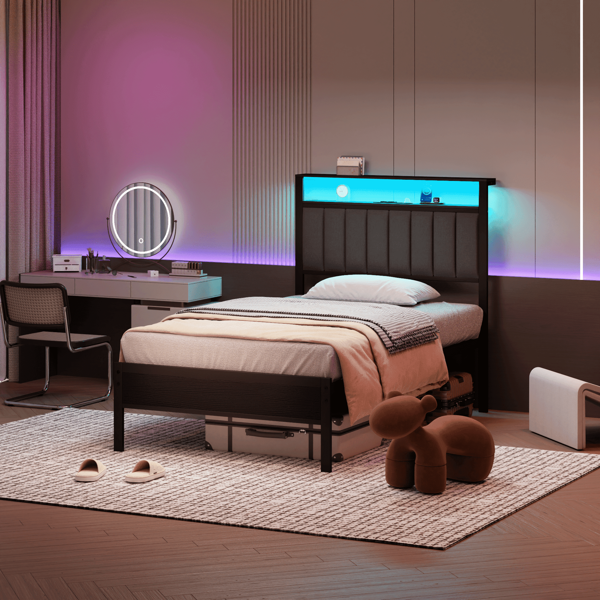 Tydimor Twin Bed Frames with USB Ports and Outlets, LED Gaming Bed Metal Frame Underbed with Headboard, Niose Free