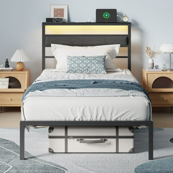 Tydimor Twin Size Bed Frame with USB Charging Station, LED Lights & Upholstered Headboard & Shelf, Metal Black