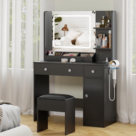 Tydimor Vanity Desk with Mirror & Lights, GRWM Vanity Set with Drawers & Storage Shelves, Makeup Dressing Table with Stool & Charging, Black