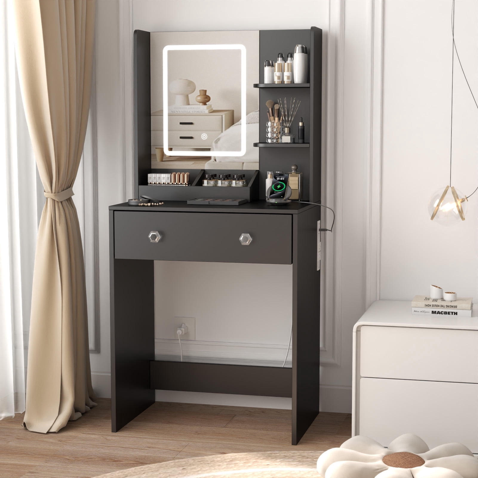 Tydimor Vanity Desk with Mirror & Lights, GRWM Vanity with Drawers & Storage Shelves, Makeup Dressing Table with Charging, Black