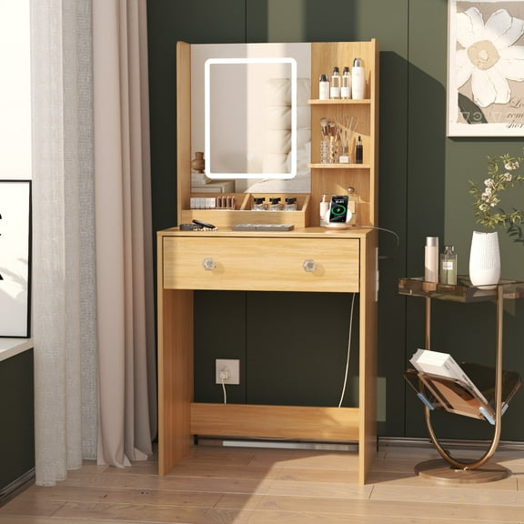 Tydimor Vanity Desk with Mirror & Lights, GRWM Vanity with Drawers & Storage Shelves, Makeup Dressing Table with Charging, Nature