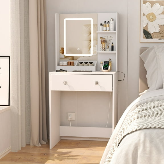 Tydimor Vanity Desk with Mirror & Lights, GRWM Vanity with Drawers & Storage Shelves, Makeup Dressing Table with Charging, White