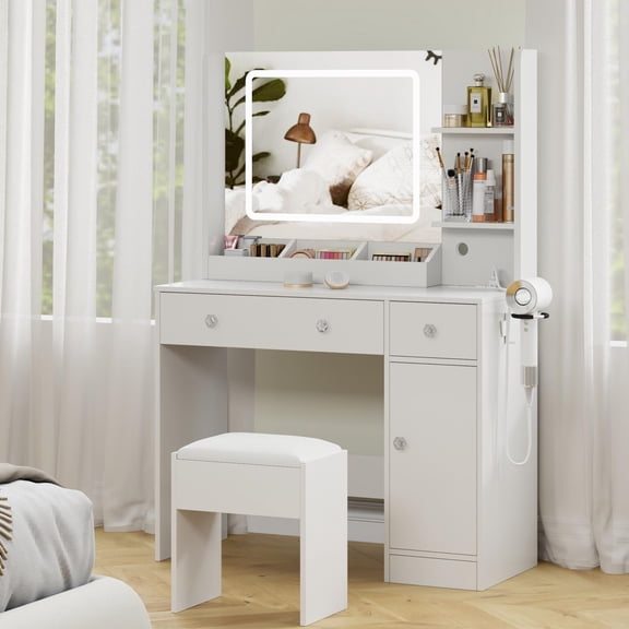 Tydimor Vanity Set with Mirror & Lights, Women Makeup Table with Charging Station, Sturdy Dressing Desk with Drawers & Stool