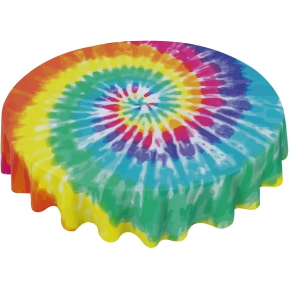 Tye Dye Rainbow Colors (3) Tablecloth Round 60 Inch Waterproof Wipeable for Dining Room Party Banquet Kitchen Dining Indoor Outdoor Farmhouse Decor