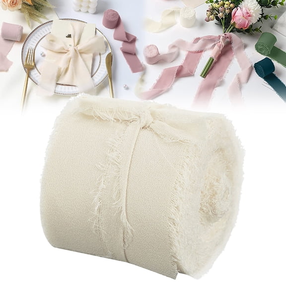 Tyeign 1.5” X 5 Yd Hand-Torn Fringe Chiffon Ribbon, Rustic Frayed Edge Wrapping Supply for Wedding Bouquets, Diy Invitations & Gift Décor