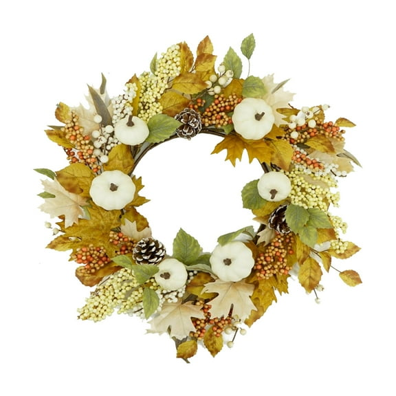 Tyeign 20 Inch Adjustable Fall Wreath with Maple Leaves Berries Pumpkins Pinecones, Bendable Wire Frame, Indoor Outdoor Autumn Door Décor, Fade-Resistant Fabric, 1 Artificial Wreath