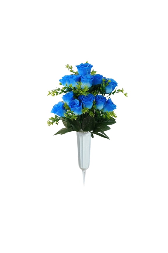 Artificial Rose Bouquet Foam Flowers for Cemetery Grave Decor Memorial Vase Blue Sympathy Silk Petals Outdoor Weather Resistant No Fade, 1 Bunch of Artificial Flowers with 2 Buckets