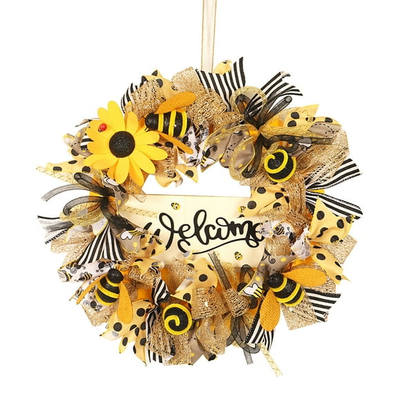 Tyeign Bee Themed Burlap Welcome Wreath for Front Door, Colorful Summer Yellow Decor with Bee Motif, Rustic Farmhouse Hanging Wreath for Outdoor Indoor Use, 1X Bee Festival Wreath