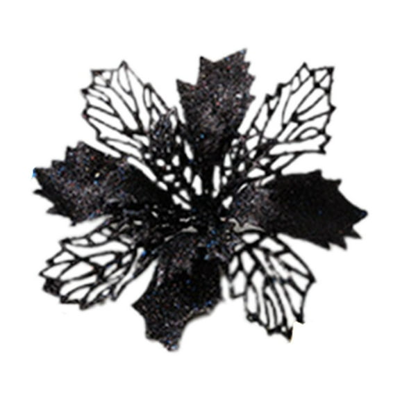 Tyeign Black Glitter Flowers Tree Ornaments, Sparkly Halloween Christmas Wedding Décor, Flexible Artificial Blooms for Wreath Centerpiece, Reusable Display, 1 Hollow Three-Leaf Artificial Flower