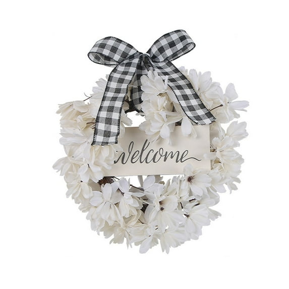 Tyeign Buffalo Plaid & White Dogwood Wreath, 16" Faux Floral Spring Door Hanger with Welcome Sign, Farmhouse Front Porch Wall Window Décor, Year-Round Indoor Outdoor Gift, 1*Wreath