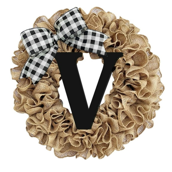 Tyeign Burlap Monogram Wreath 14 In, 26-Letter Personalized Front Door Hanging with Greenery & Bow, Rustic Farmhouse Welcome Sign for All Seasons, Gift-Ready Home Decor, 1X Wreath