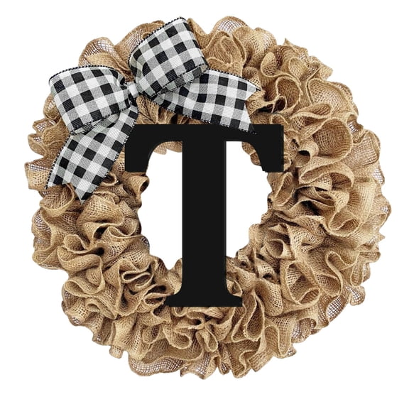 Tyeign Burlap Monogram Wreath 14 In, 26-Letter Personalized Front Door Hanging with Greenery & Bow, Rustic Farmhouse Welcome Sign for All Seasons, Gift-Ready Home Decor, 1X Wreath