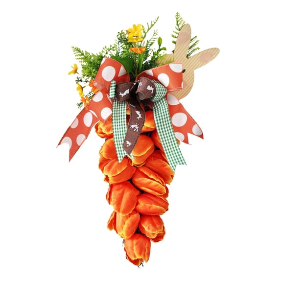 Tyeign Easter Carrot Bunny Simulation Flower Wreath, Artificial Tulip & Wood Pendant Door Garland, Farmhouse Front Door Decor, Spring Festival Hanging Ornament, Gift for Family, 1*Wreath