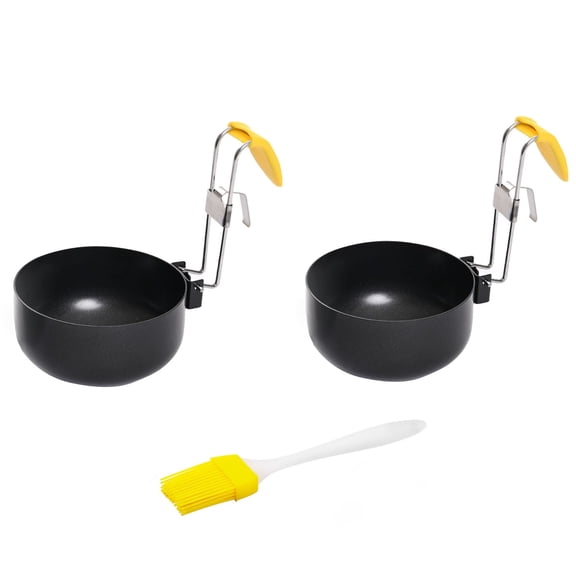 Tyeign Fold-Handle Non-Stick Egg Poacher Rings, Stainless Steel Circle Mold Set of 2, Dishwasher-Safe Pancake/Sunny-Side up Maker for Griddle/Pan, 2 Molds, 1 Brush