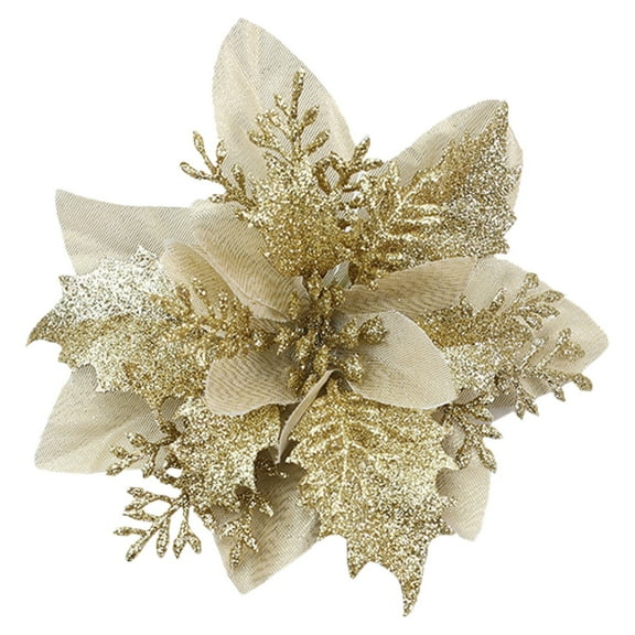 Tyeign Gold Glitter Mini Artificial Flowers Tree Ornaments, Sparkly Décor for Christmas Wedding New Year Wreath Centerpiece, Shatterproof Reusable Design, 1 Small Three-Leaf Artificial Flower