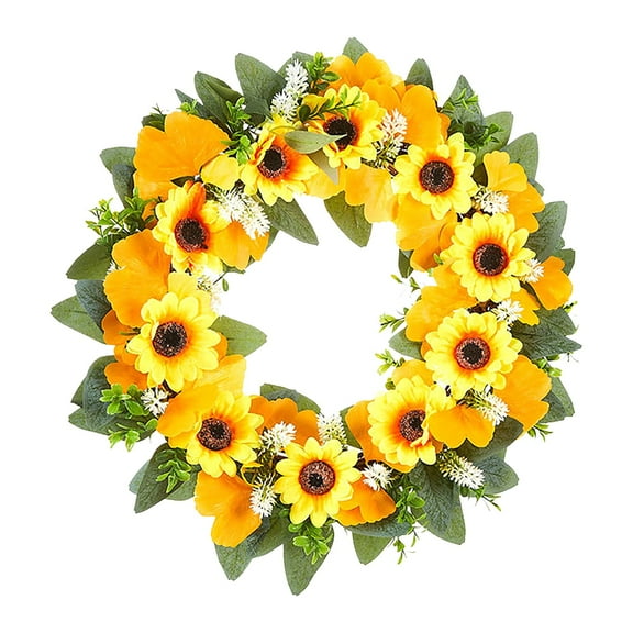 Tyeign Spring Sunflower Wreath for Front Door, Artificial Sunflowers with Green Leaves, Bright Floral Garland for Indoor Outdoor Wall Window Party Wedding Decor, 1 Wreath