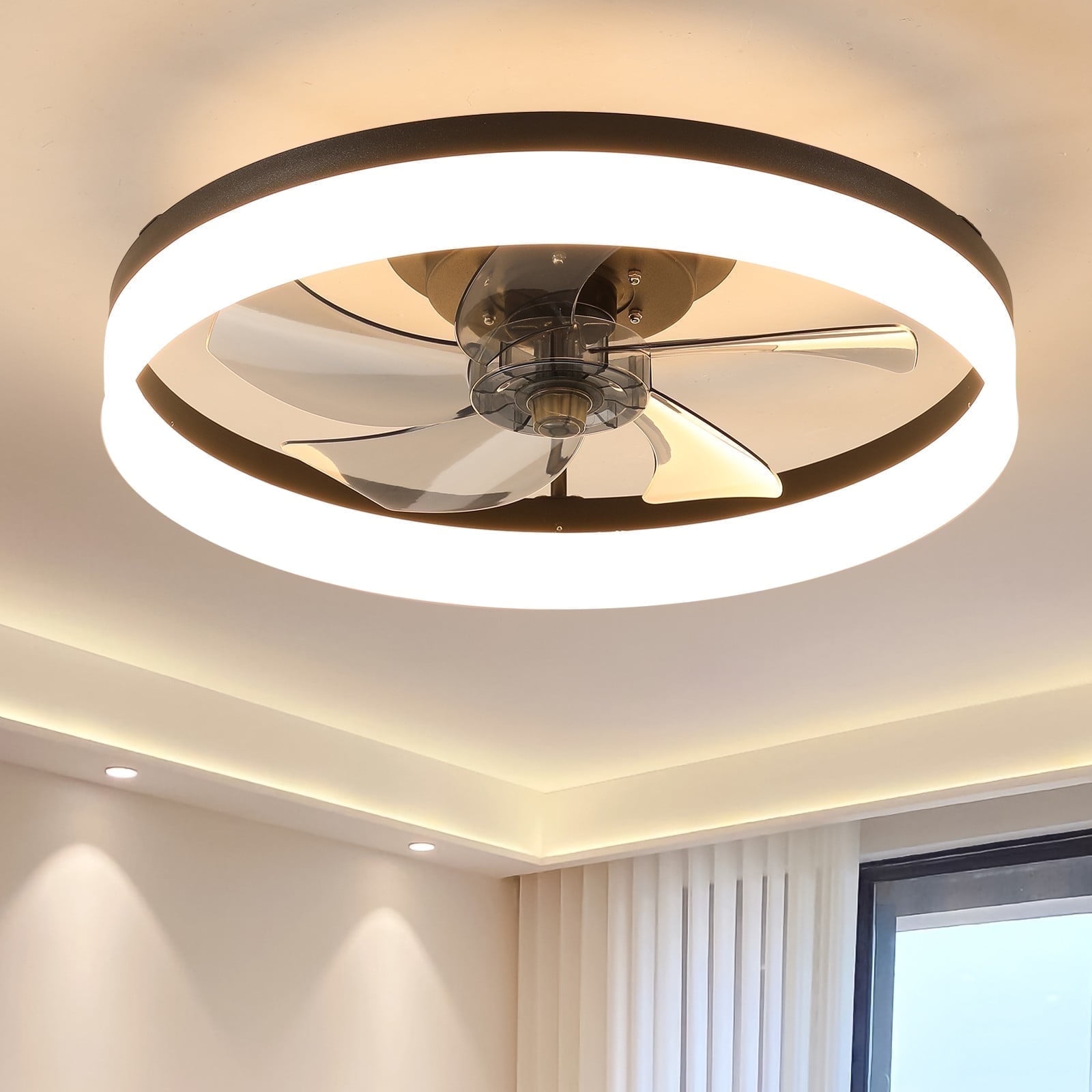 Modern Black Flush Mount Ceiling Fan with LED Light and Remote Control