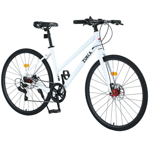 700C Hybrid Bikes 7 Speeds Steel Frame Road Bike Adult City Bicycle with Dual Disc Brakes for Men Women, White