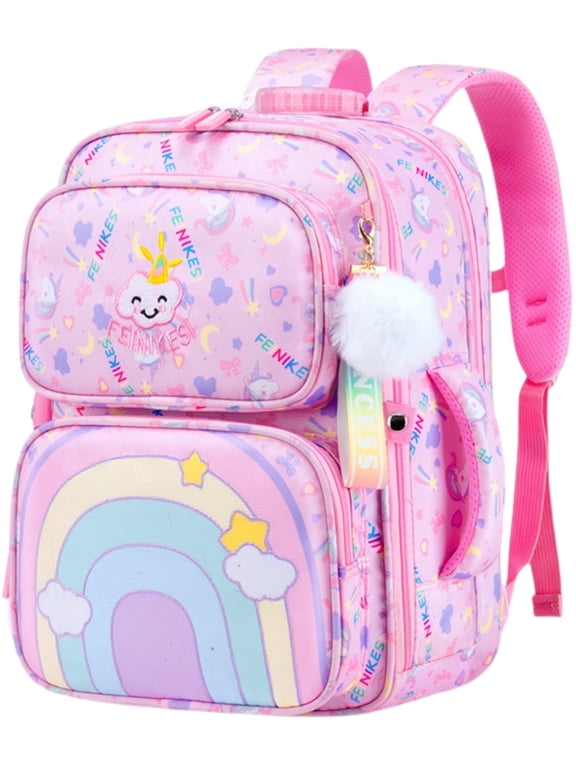 School Backpack for Girls Cute Rainbow School Bag Large Multi Pockets Kids Bookbag for Teens Children, Pink