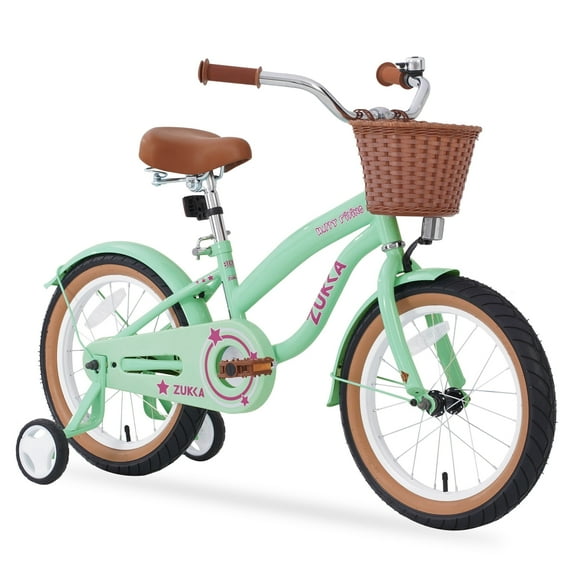Tyethy Girls Bike 16" Single Speed Kids Bicycle with Training Wheels and Basket for 4-7 Girls,Greeen