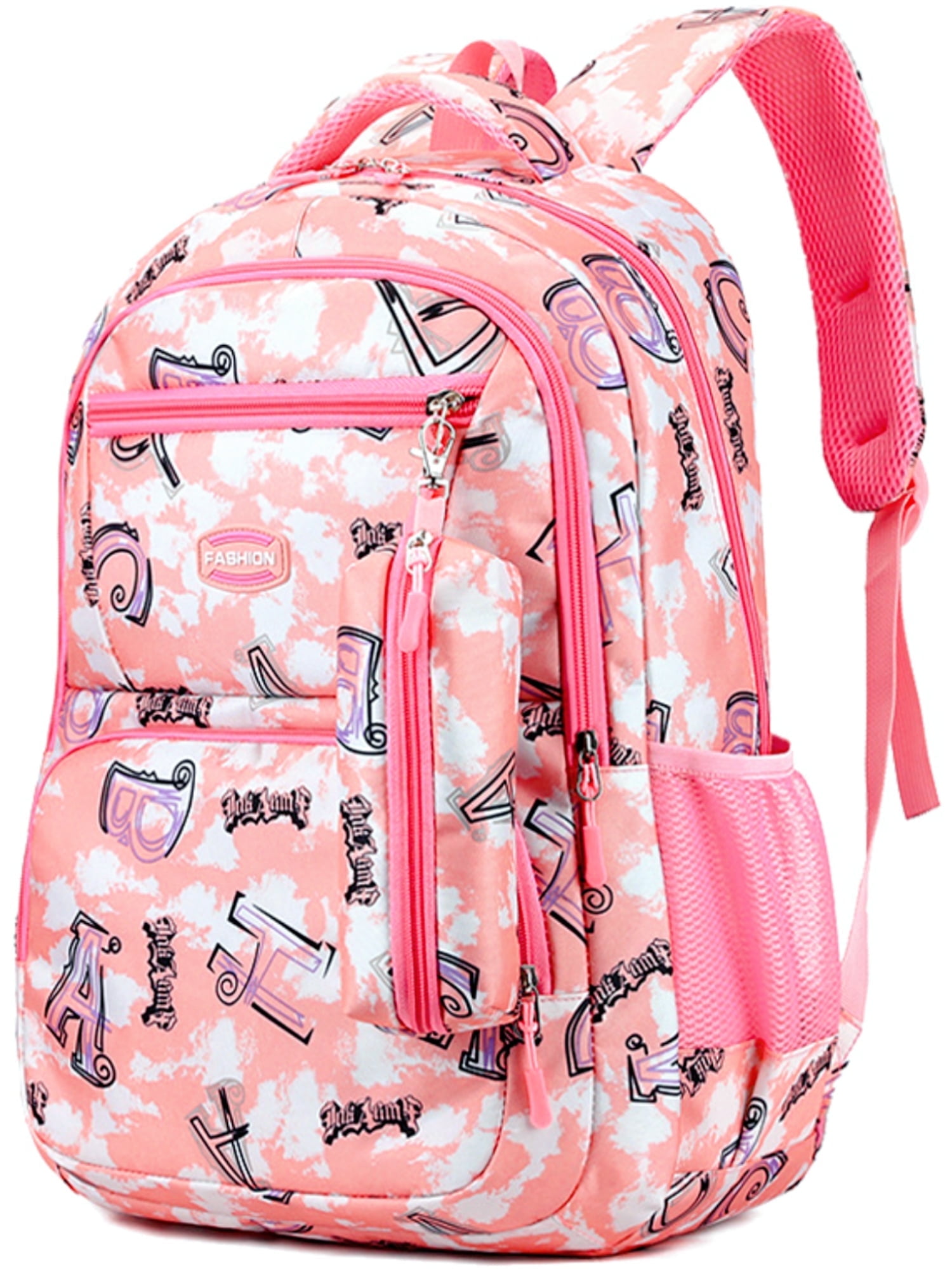 Tyethy Girls School Backpack Printed Large Lightweight School Bag Nylon Bookbags for Primary Kids, Pink
